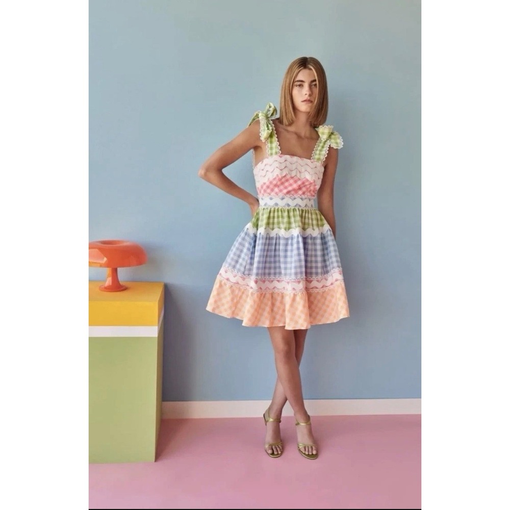 New Celia B Jade Short Vichy Multi Gingham Tiered Mini Dress Multi Medium NWT
